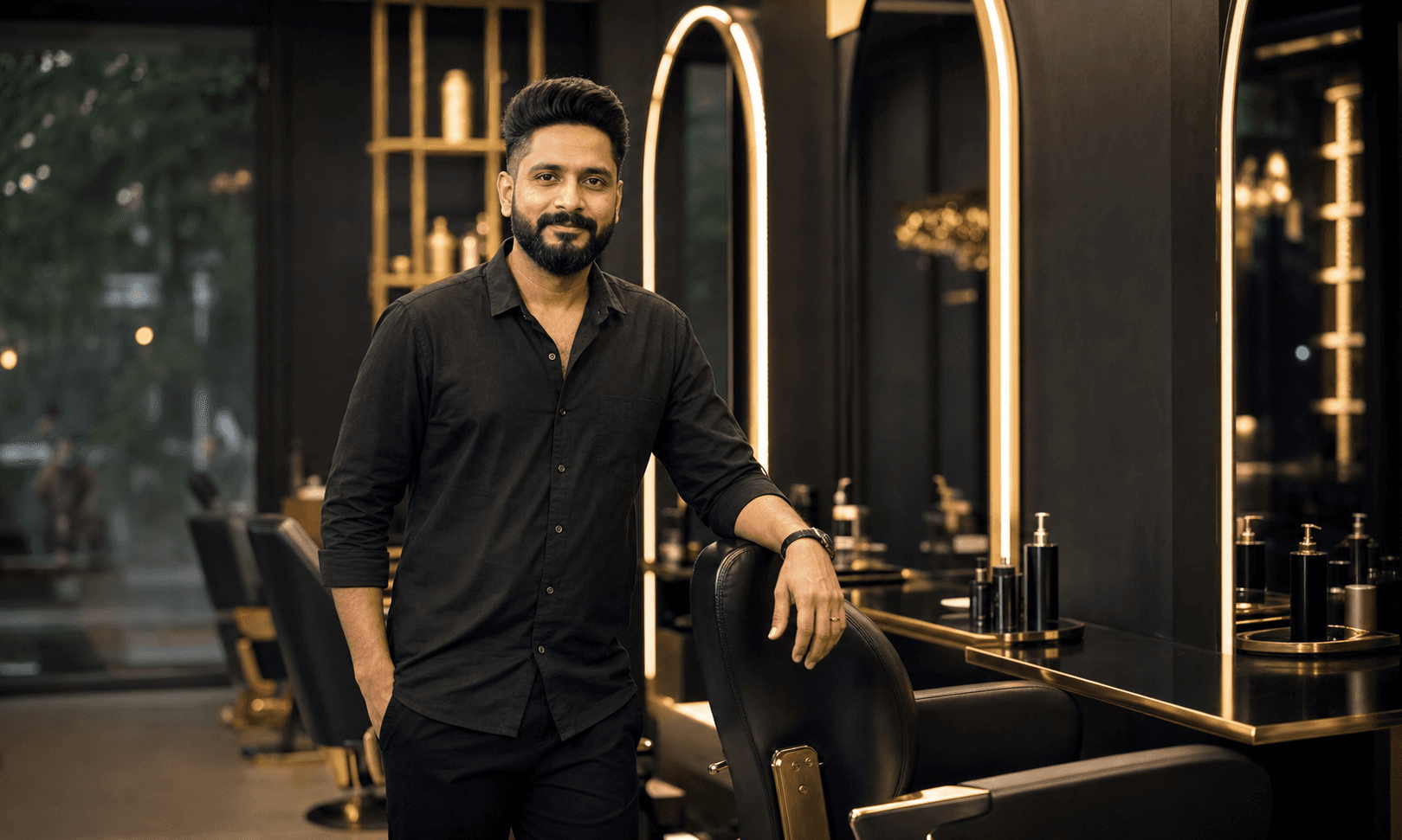 Professional STYLEHVN hairstylist in a luxury black and gold salon